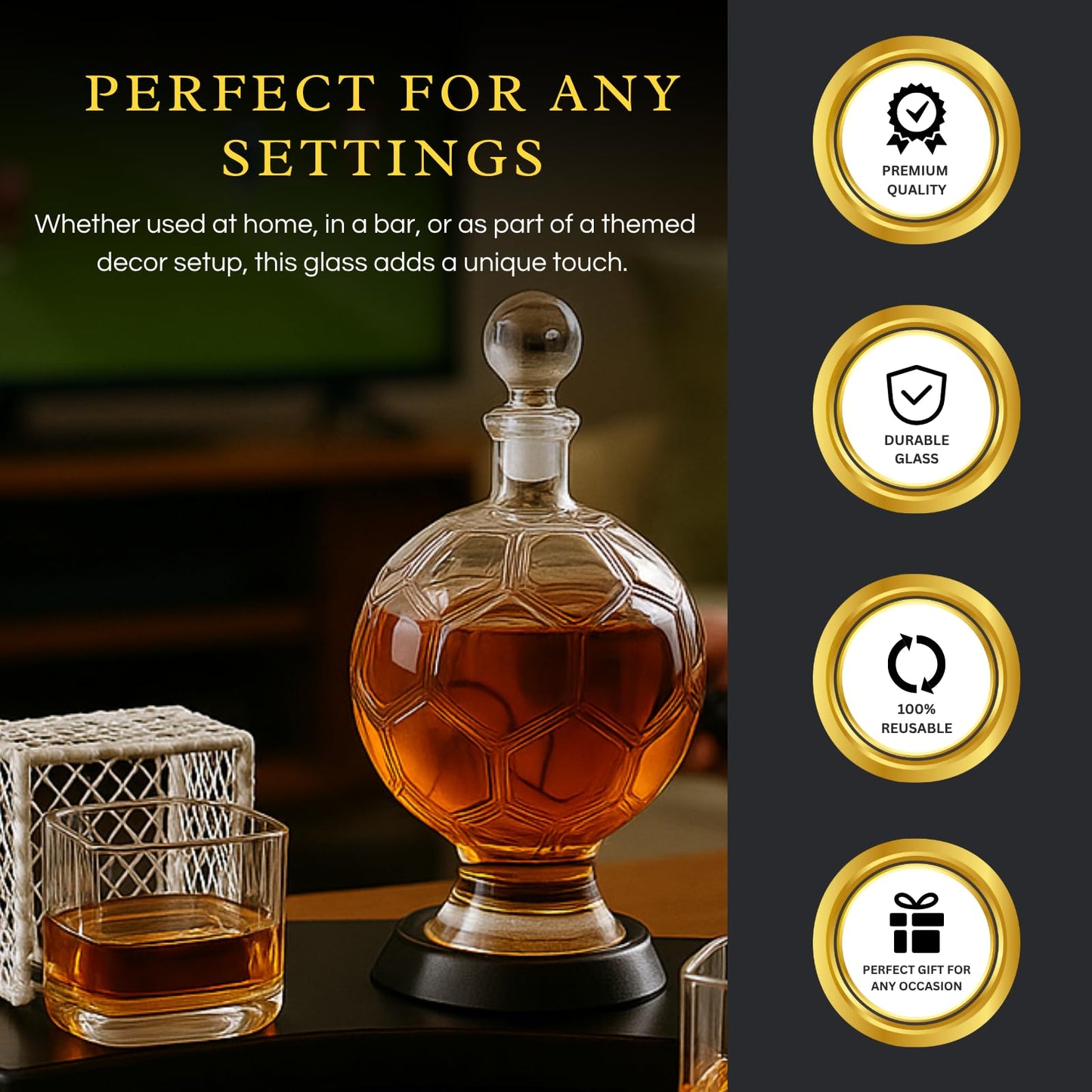 Soccer Whiskey Decanter Set with 2 Glasses & Goal Holder – Football-Shaped 25.9 oz Liquor Decanter Gift Set – Barware for Bourbon, Scotch, Rum – Unique Gift for Men, Sports Fans, Coaches