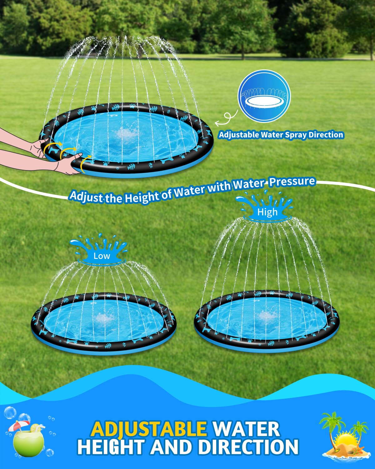 67" Splash Pad for Kids and Dogs, Non-Slip Sprinkler Play Mat, Outdoor Water Toys for Toddlers 1-3 & Kids Ages 4-8, Backyard Summer Water Play