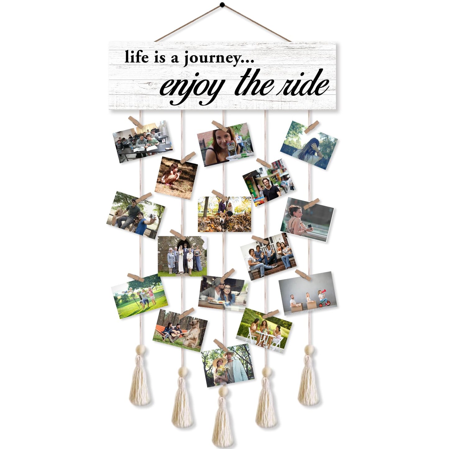 Gwisml Hanging Photo Display with 16 Clips 5 Strings,Rustic Style Picture Collage Frames Wall Decor Wood Hanging for Home Living Room Décor,Housewarming Gifts,Life is A Journey Enjoy The Ride
