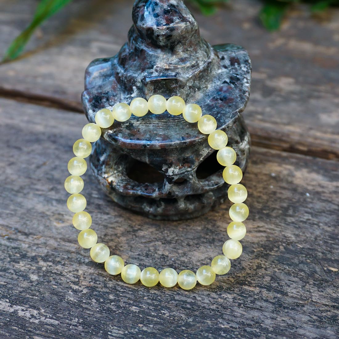 Natural Selenite Crystal Bracelet 6mm | Yellow Plated | Authentic Stone with Leather Pouch, Gift Box & Repair Kit | Fits 6.5-7 inch Wrist