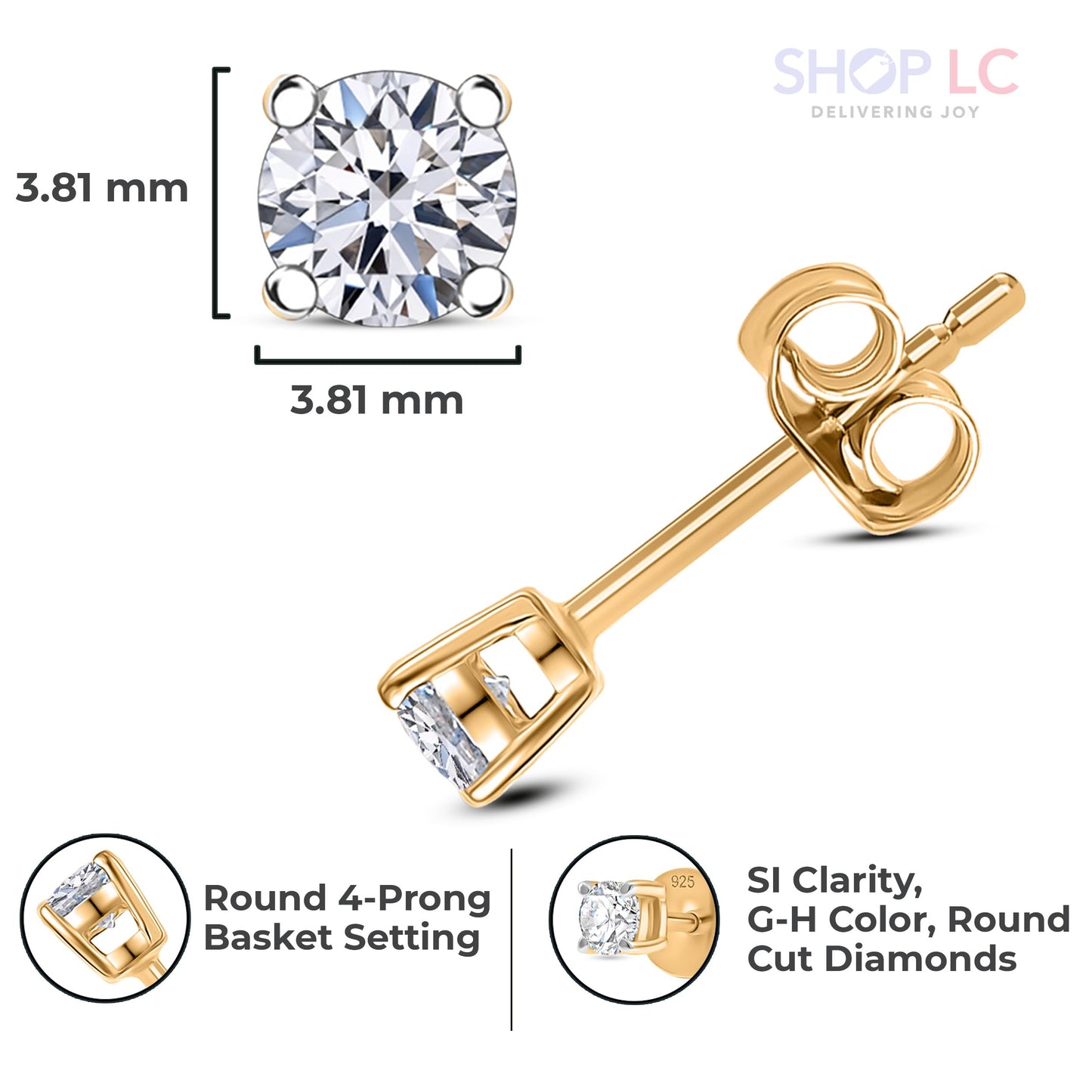 Shop LC Lab Grown Diamond Stud Earrings for Women | 0.25 Carat | G-H Color SI Clarity | 925 Sterling Silver 18K Yellow Gold Plated | Round | 4-Prong Basket | Push Back | Fine Jewelry