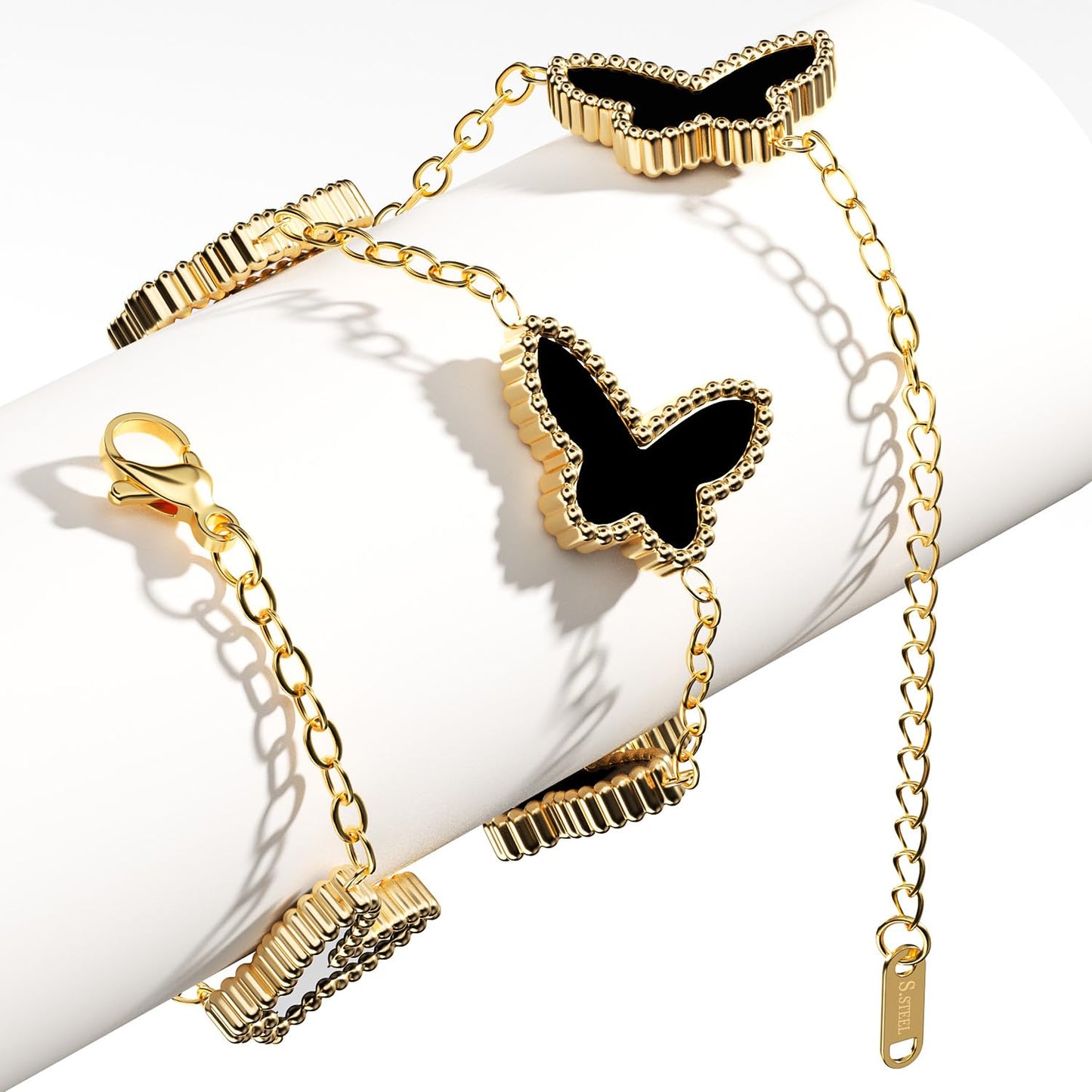 AICase 18K Gold Plated Clover Bracelet Dupes Black Bracelet Set for Women Butterfly Flower Leaf Lucky Clover Bracelets Trendy Jewelry Birthday Gifts for Women/MoM/Friends_Black