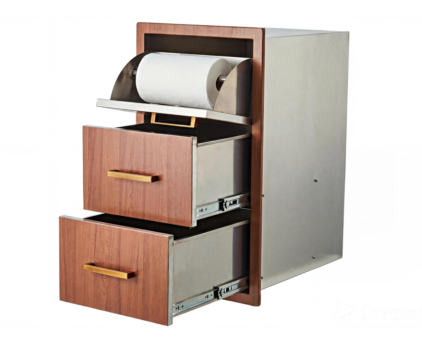 GarveeLife Outdoor Kitchen Drawers, 17" w x 30" h x 21" d Flush Mount Triple Drawers with Paper Towel Rack, 304 Stainless Steel Triple BBQ Drawer for Kitchen Island, Patio Grill Station, Brown Grain