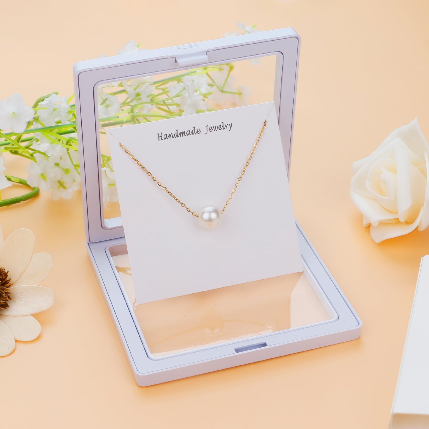 Trinckle Single Pearl Necklace, 8MM Pearl Pendant Necklaces for Women 14K Gold Dainty Strands Necklace Simple Floating Pearl Charm Gifts for Women as Girlfriend Brides Prom Gifts
