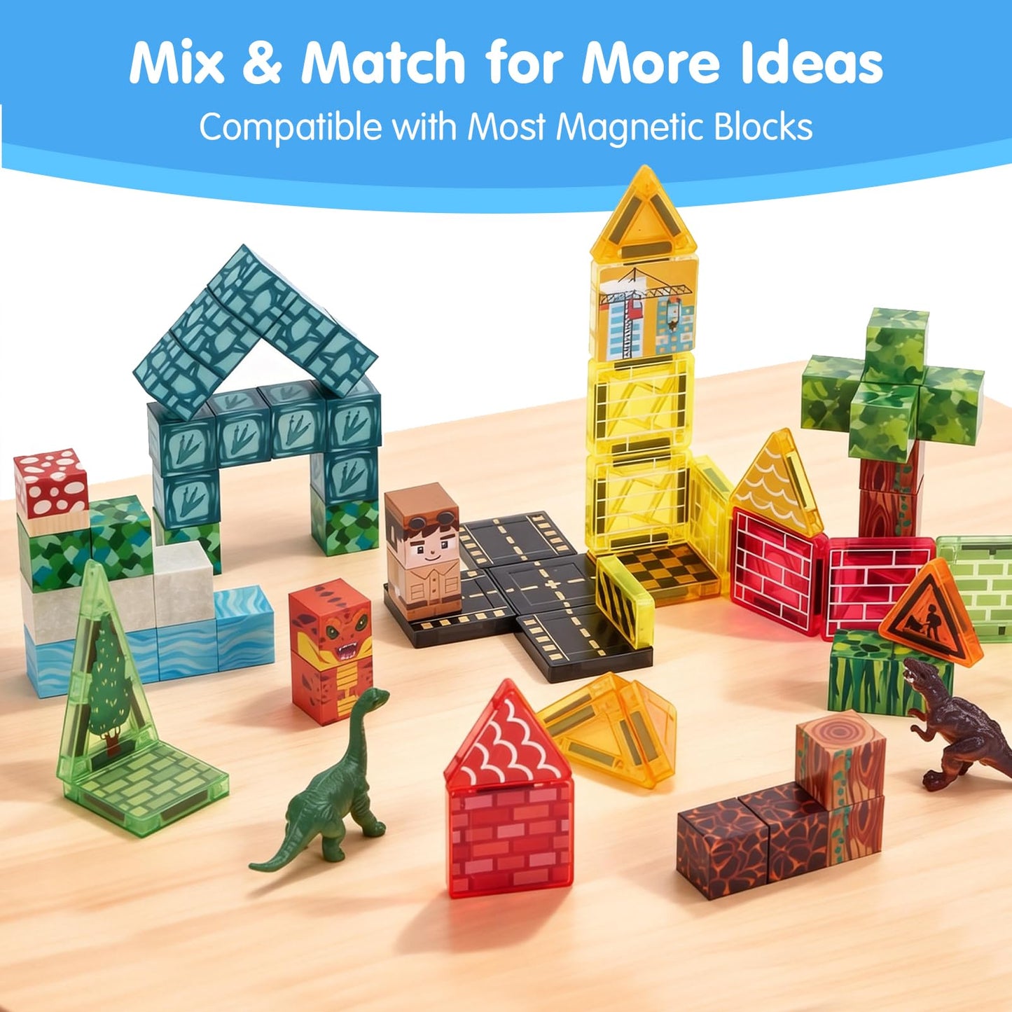 hahaland Mini Magnetic Blocks Travel Set with Magnetic Case - 52 PCS Magnet Building Cubes Dinosaur Toys for Kids 3-5 Toddler Travel Toys Airplane Essentials, Stem Toys 4 Year Old Boys 3 Year Old Gift