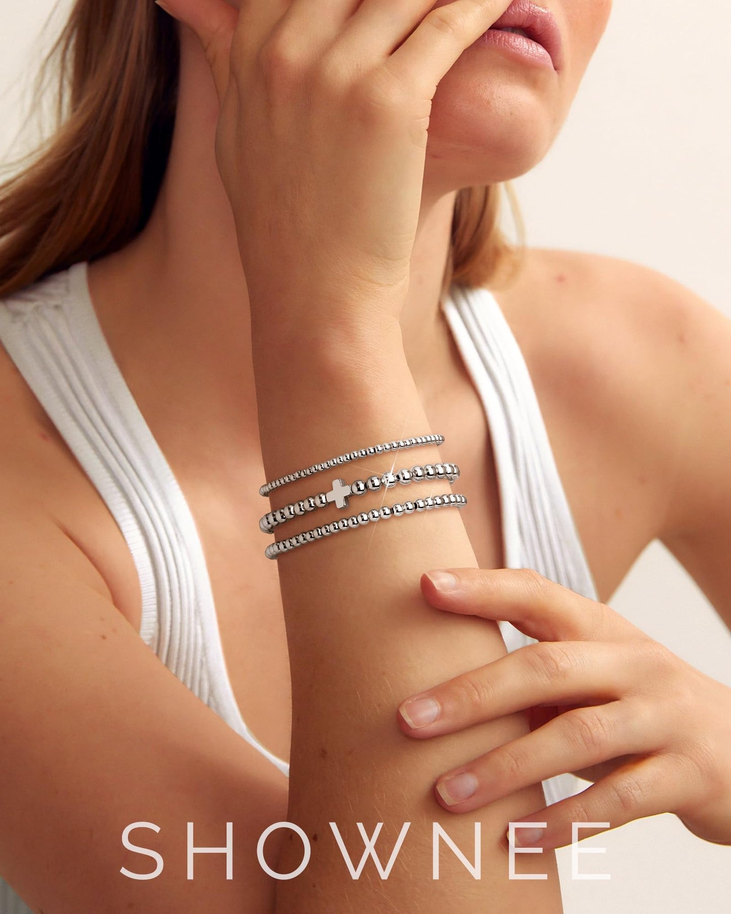 shownee Sliver Bracelets for Women - 18K Gold Beaded Bracelets Stack Strand Bead Ball Bracelet No Tarnish Stackable Jewelry Set for Mother's Day Birthday Graduation Gift 6.8 inch Small