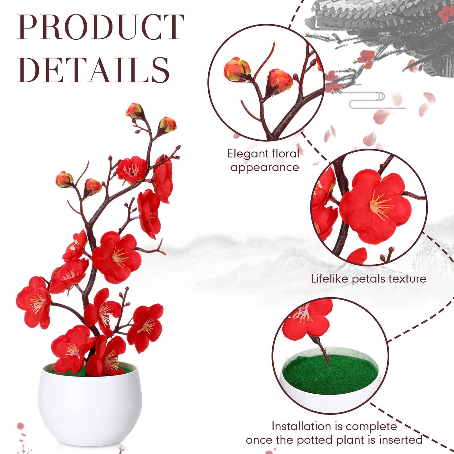 Suncalla 4 Pack Artificial Plum Blossom Bonsai, Fake Plum Blossom Silk Flower Arrangement with Flower Pot, Cherry Blossoms Decor for Hibachi Party Chinese Japanese Asian Theme Party Supplies(Upright)