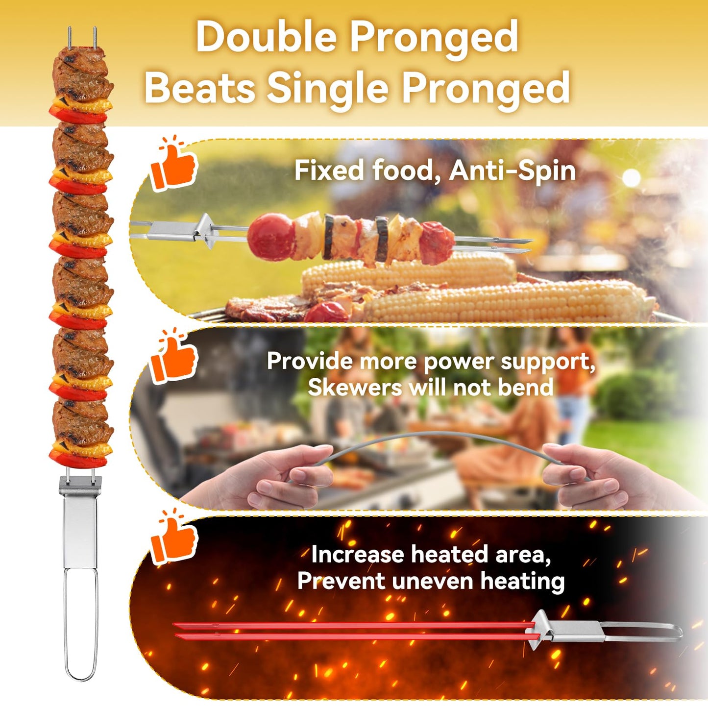Skewers for Grilling- 17 inch (6 Pack) Double Pronged Flat Stainless Steel BBQ Skewer with Push Bar- Kabob Skewers Skewer Sticks for Camping or family - Reusable, BBQ Accessories