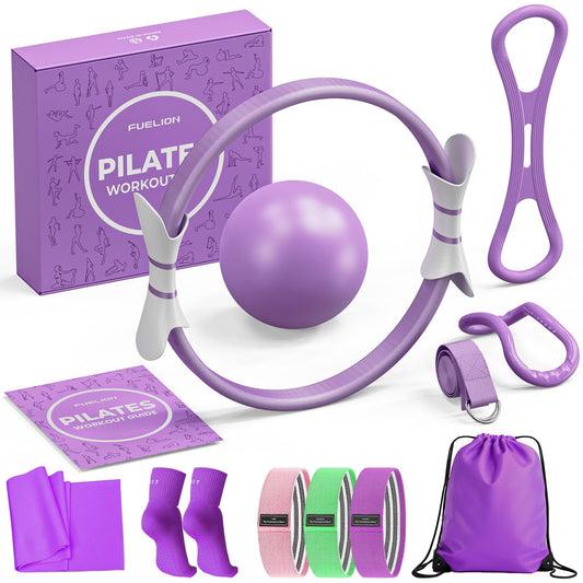 Fuelion Pilates Ring Set for Women, Home Workout Pilates Equipment with Resistance Bands, 14'' Magic Circle, Mini Ball, Pilates Starter Kit for Strength, Toning and Flexibility (Purple, Medium-Level2)
