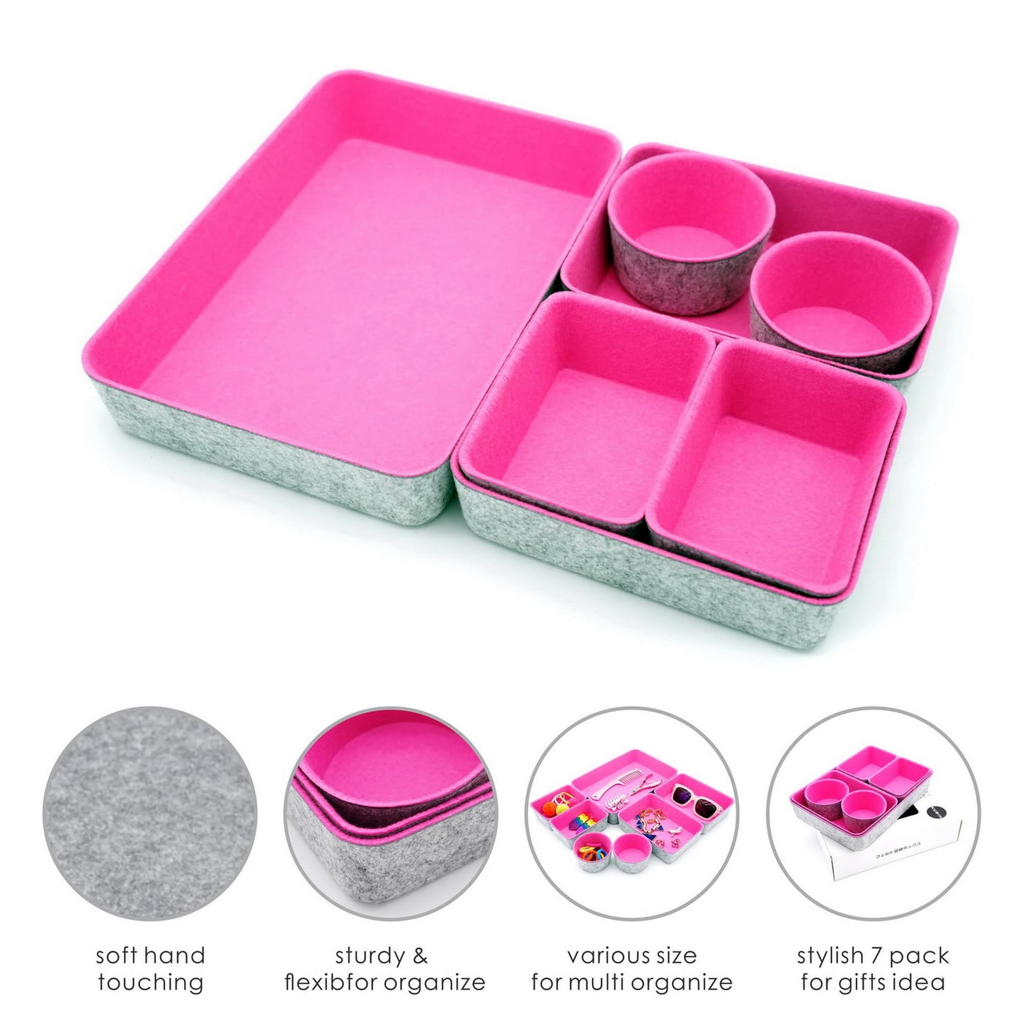Welaxy Drawer organizers bins felt trays desk storage dividers small round organizing box for office supplies closet cabinet makeup holder 7-piece (Hot pink)