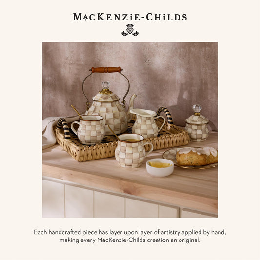 MACKENZIE-CHILDS Enamel Compote, Cute Enamel Pedestal Serving Dish or Decorative Bowl, Large, Brown-and-White Mocha Check