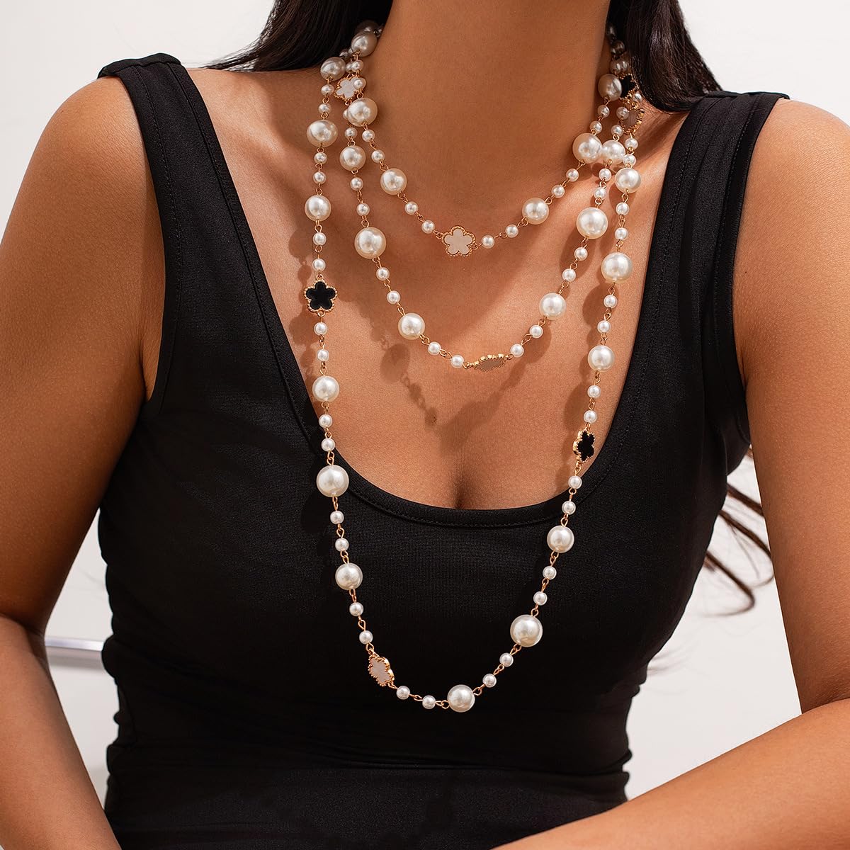 Long Pearl Necklaces for Women Pearl Long Chain Necklace Dainty Gold And Long Pearl Necklaces Layered Pearl Necklace Statement Sweater Strand Chain Jewelry (3Layer)