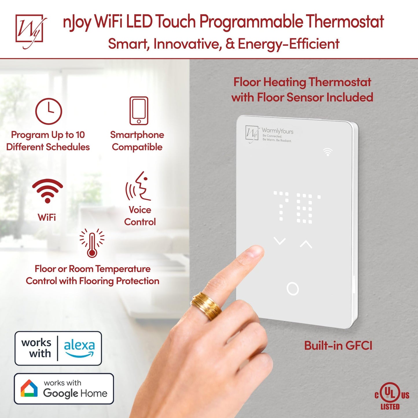 WarmlyYours nJoy WiFi LED Touch Programmable Thermostat - Heated Floor Thermostat with Advanced WiFi Control
