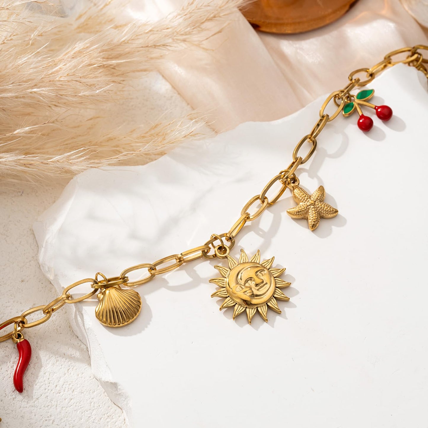 Trendy Stainless Steel Gold Plated Charm Necklace with Heart Pearl Pepper Conch Ceramic Pendant Necklace for Women Collares Chokers Jewelry (Sun Necklace)