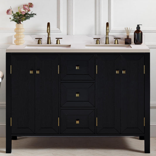 YITAHOME 47 Inch Bathroom Vanity with Double Sink, Retro Bathroom Storage Cabinet with Sintered Stone Countertop, Six Holes, 4 Doors & 3 Drawers