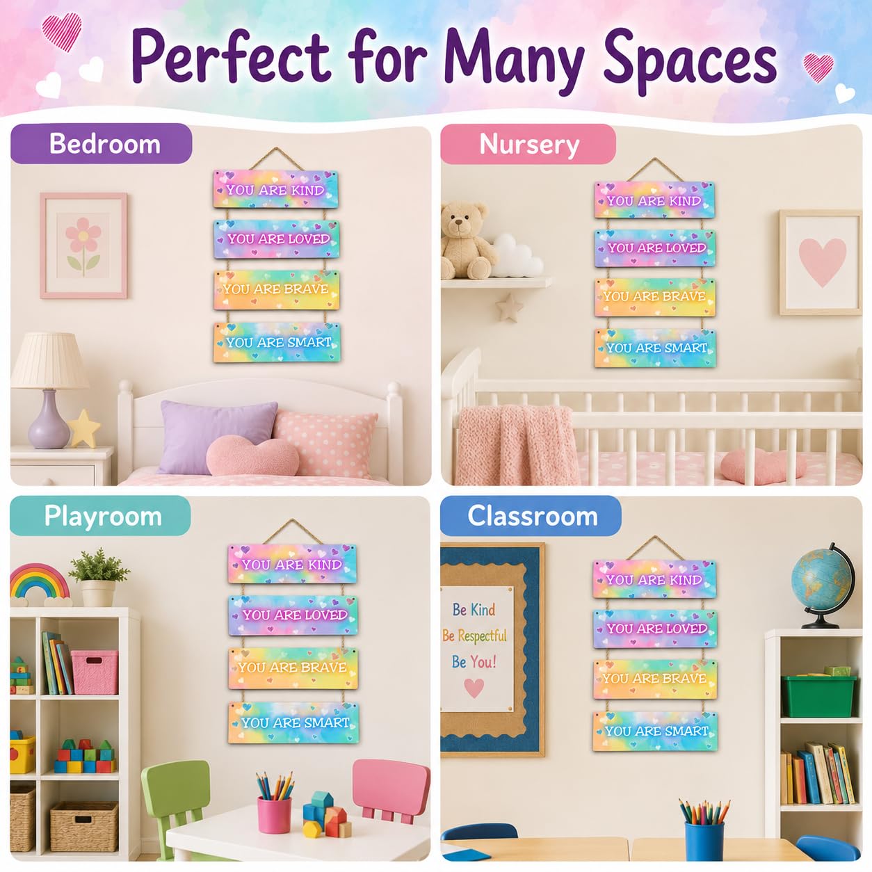 4 Pieces Tie Dye Kids Room Wall Decor Wooden Signs, Motivational Wall Art for Girls Bedroom, Nursery, Playroom, Classroom Decor, You Are Loved Brave Kind Smart(Sign-04)