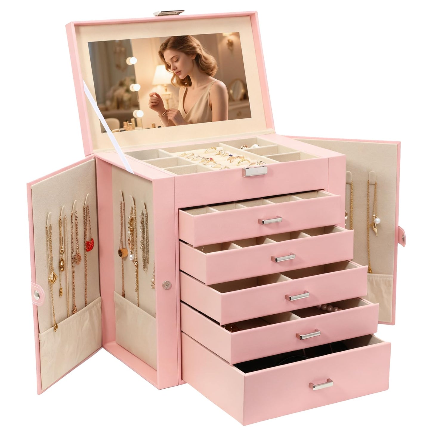 BOOVO Jewelry Box For women, 6 Layer Large Jewelry Organizer With Mirror, Multi-Function Storage Box With Lock, Necklace Holder With 5 Drawers, For Earrings Necklace Bracelet (Silver and Pink)