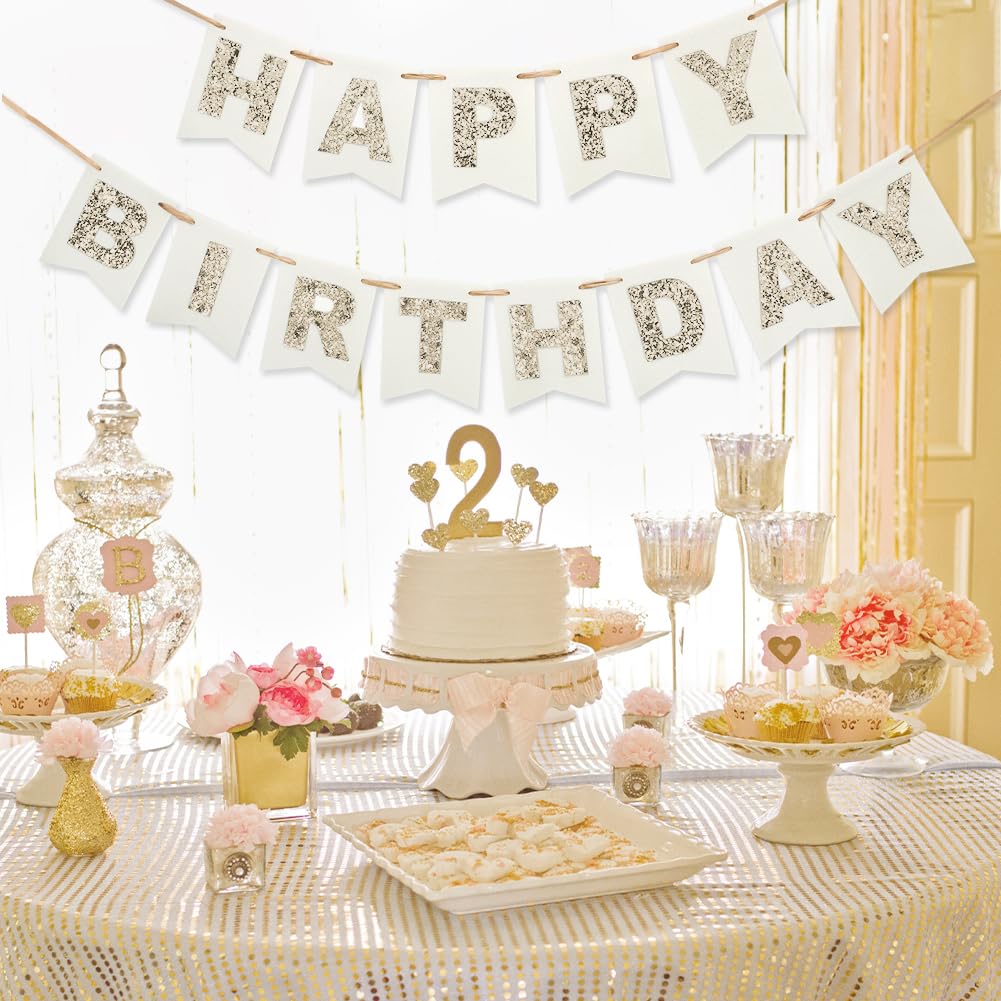 Felt Happy Birthday Banner with Glitter Letters, Cream White Boho Groovy Garland, Reusable Gold Glitter Sign, Thick Felt Bunting Decor for Sweet 16 21st 30 40 50 60 70 Birthday Party