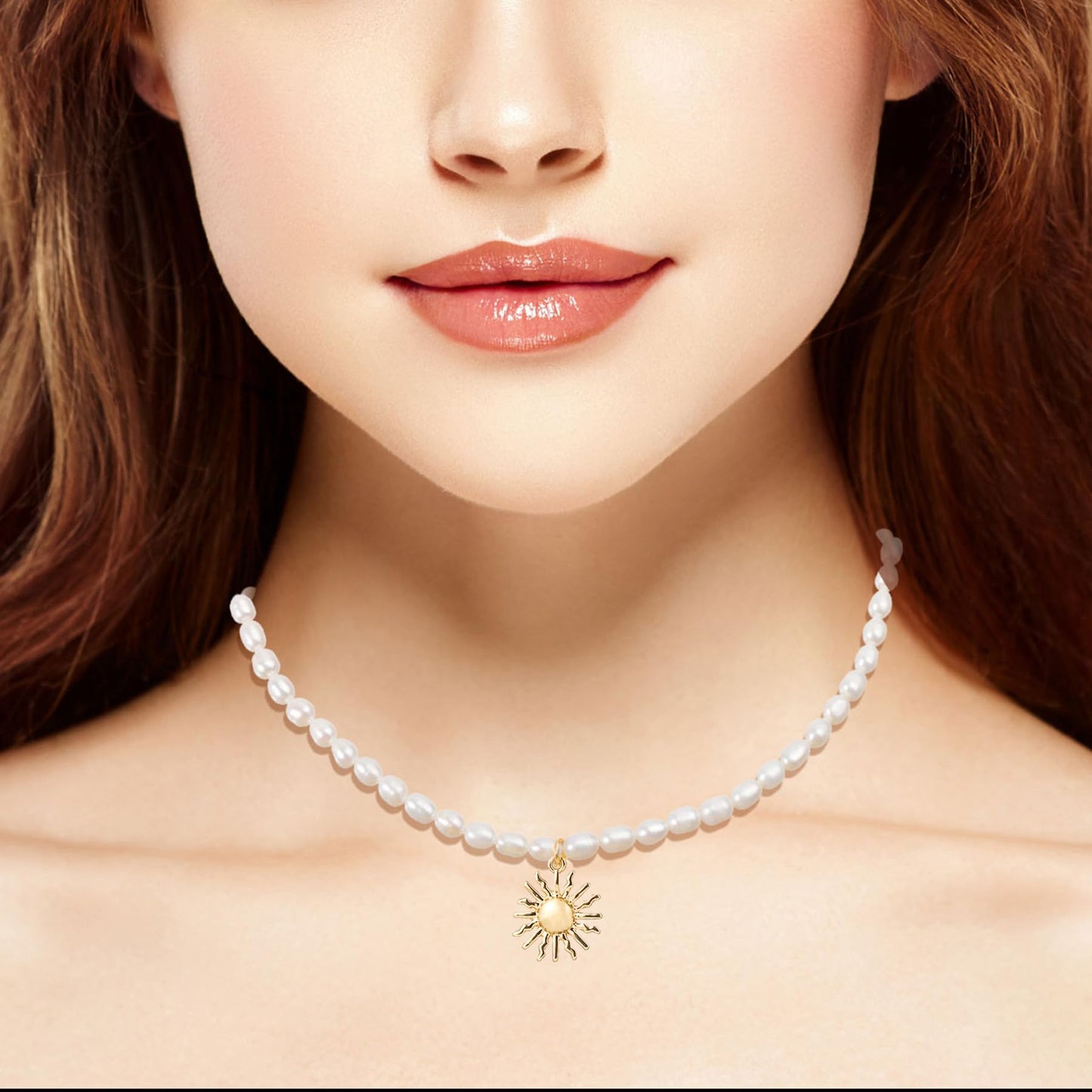 wgoud Natural Freshwater Pearl Choker Necklace for Women, Trendy 14K Gold Plated Pearl Necklaces Handmade Jewelry Gift (Sun Necklace)