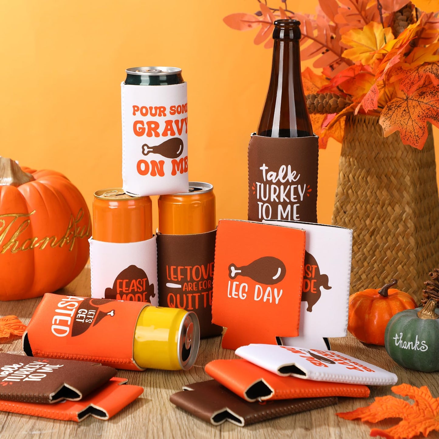 Honeydak 12 Pcs Funny Friendsgiving Favor Can Coolers Talk Turkey Alcohol Gift Thanksgiving Fall Party Favor DIY Holiday Gift Set for Soda Home Beverage Thankful Feast Party Supplies