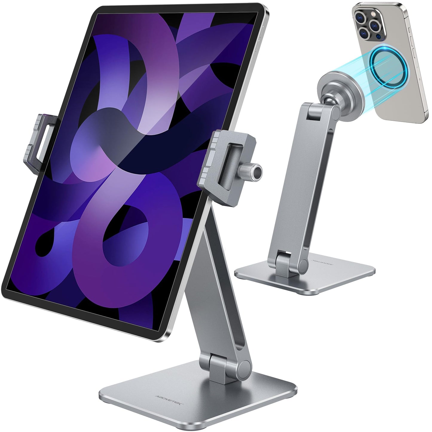 AboveTEK 2-in-1 Phone & iPad Stand, Magnetic iPad Stand with Clamp, Aluminum Tablet Holder for Desk, 360 Rotation, Suction Base, Professional for Office, Fit for Phones & 9.7–13" Tablets, Gift for Him