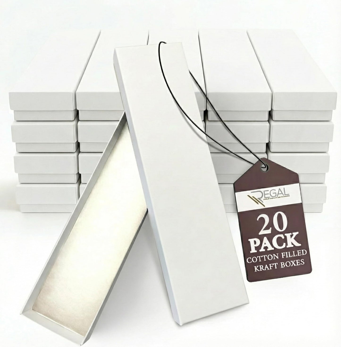 RJ Displays 20 Pack Cotton Filled white Jewelry Gift Boxes 8" x 2" x 1" Inches #82 Cardboard Jewelrys Box, Jewelry gift Box for Small Business & Wearable for giftbox, Watches, Jewelrys Boxes with Lids