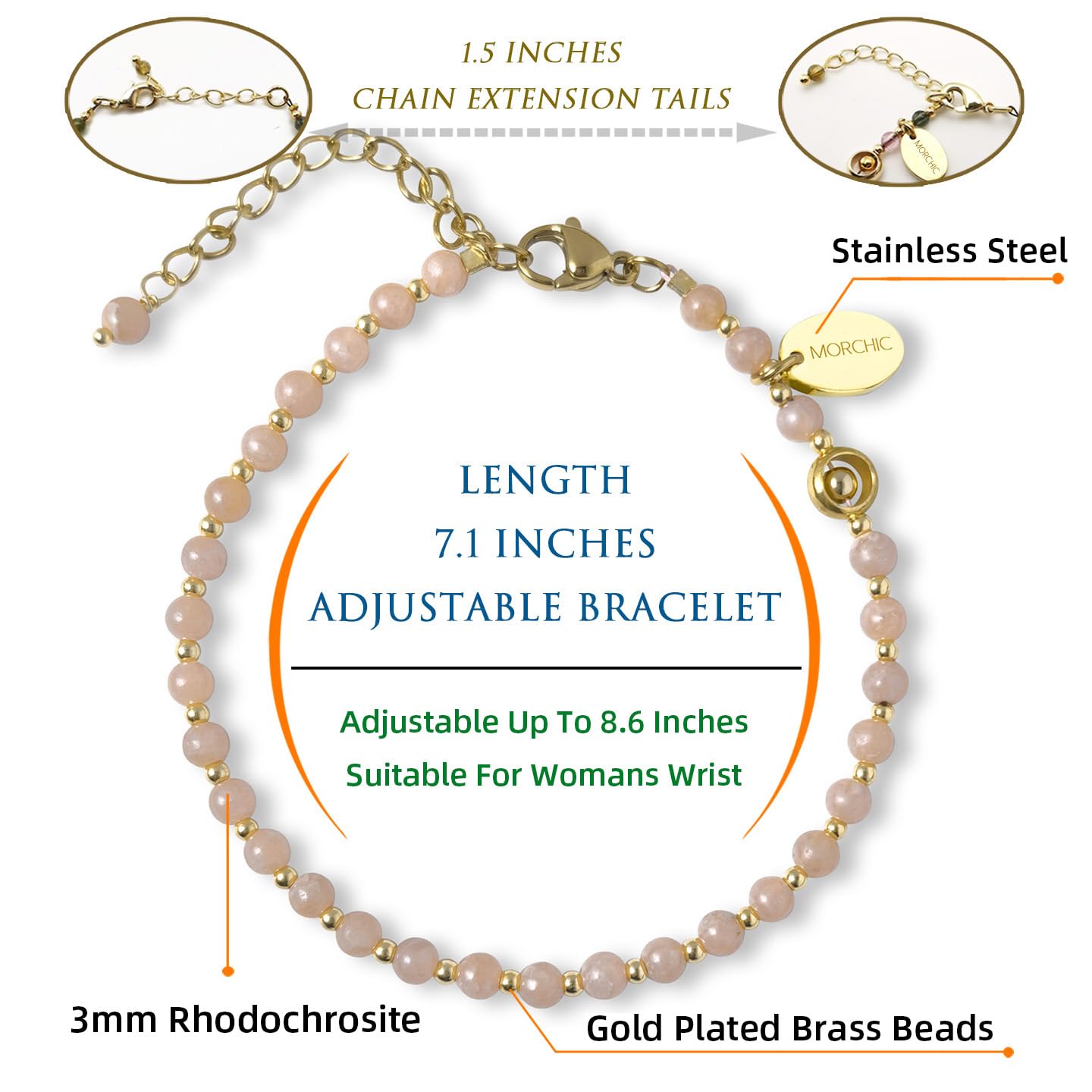 Morchic 3mm Argentina Rhodochrosite Natural Gemstone Beaded Bracelet for Women, Dainty Charm Jewelry, Adjustable 7.1-8.6", Ideal Birthday Holiday Gift