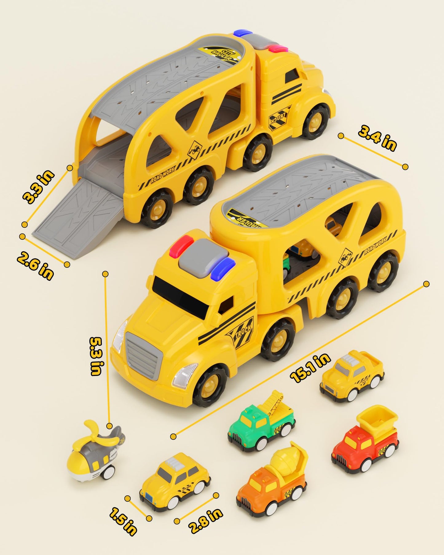 LADFAR Construction Truck Toys for Boys & Girls Ages 3+, 7-in-1 Toy Carrier Truck with 6 Mini Pull Back Vehicles, Lights & Sounds Transportation Playset, Early Learning Birthday Gift for Toddlers Kids