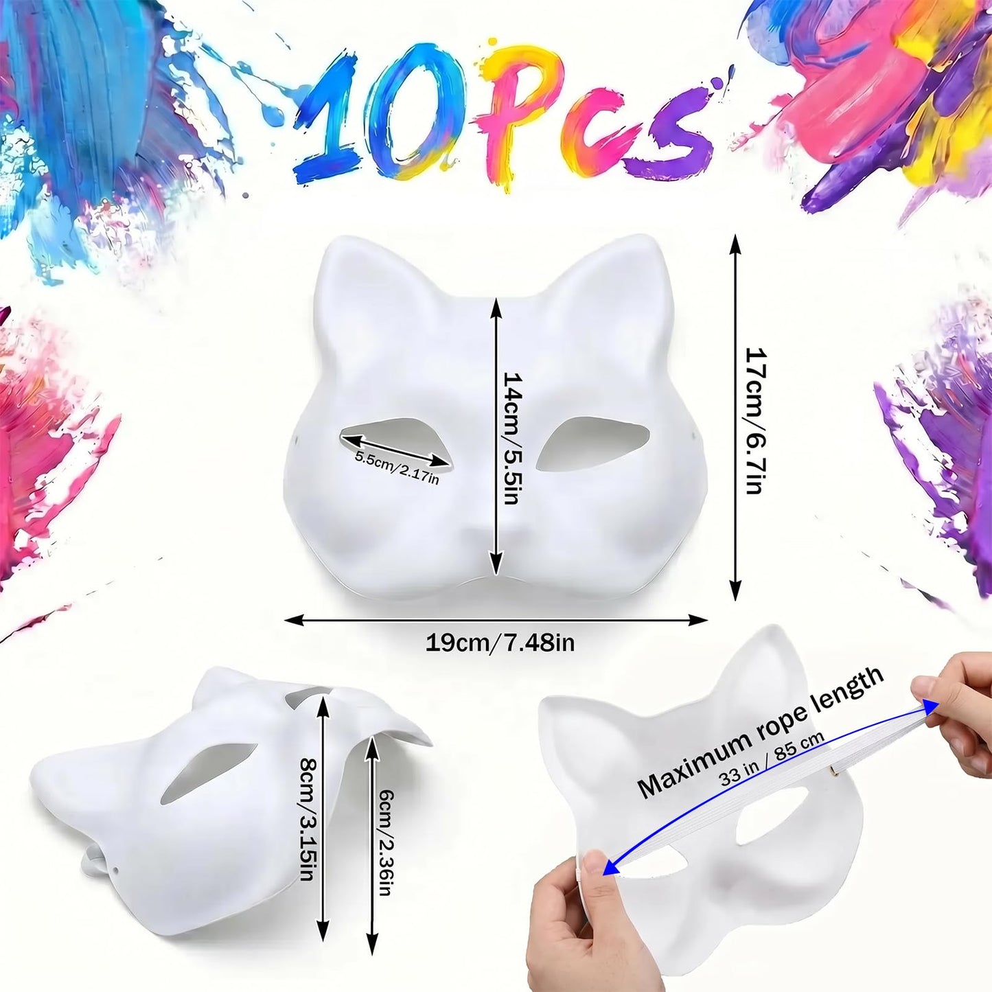 Vectronix 10 Pcs Cat Mask White Therian Mask Base for Crafts Diy Painting, Paper Cat Masks with Elastic Band for Kids Adults Halloween Costume Cosplay Masquerade Party Favors