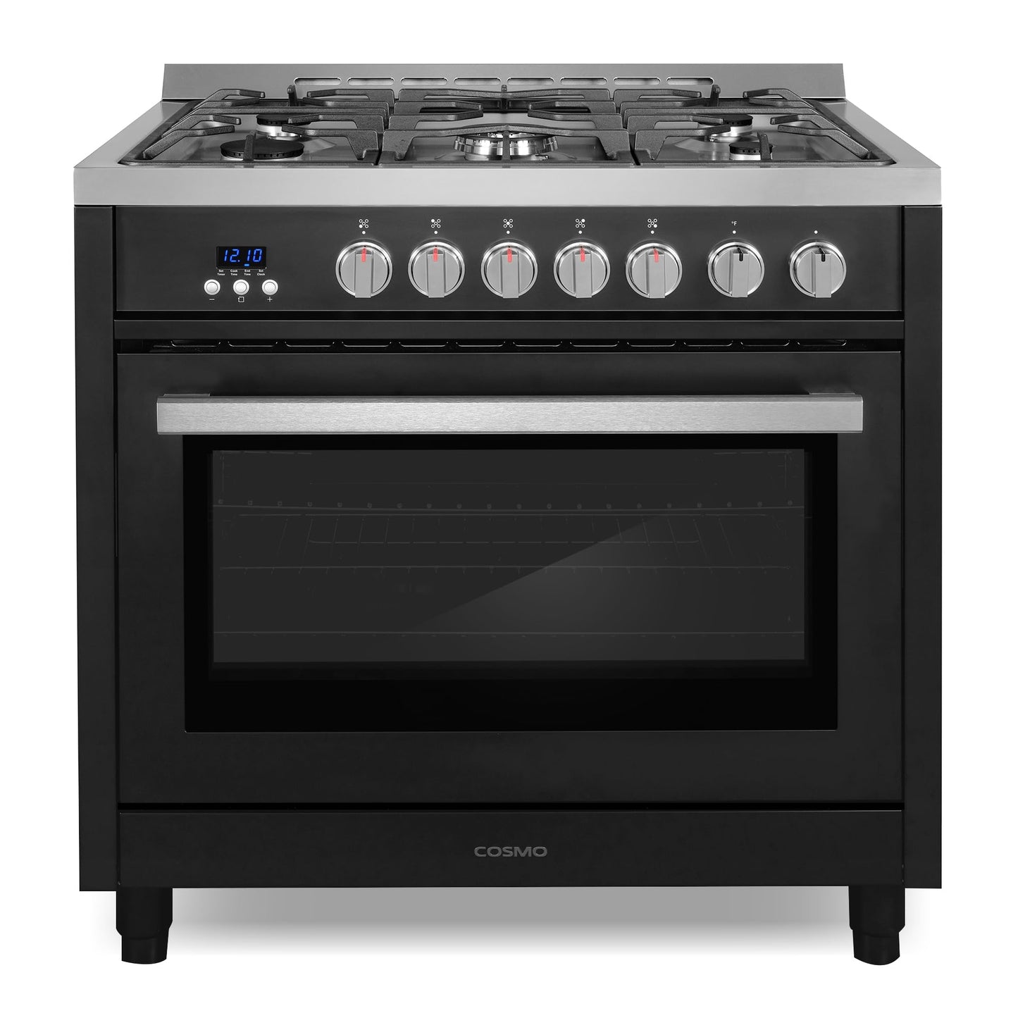 COSMO COS-965AGFC-BKS 36 in. Nebula Collection 3.8 cu. ft. Gas Range, 5 Burners, Rapid Convection Oven, Cast Iron Grates in Matte Black