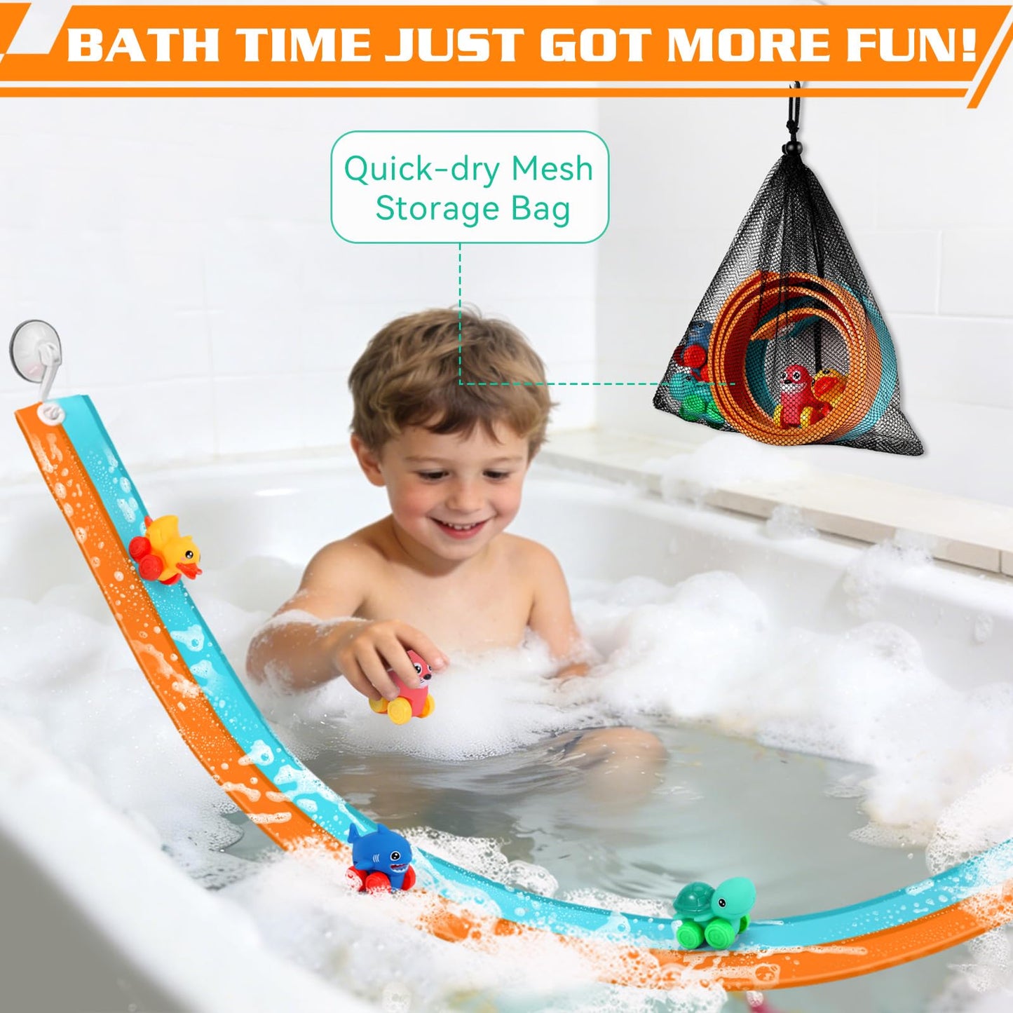 Race Car Bath Toys, Toddler Bathub Toy Set, 5 Ft Flexible Bath Race Track for Kids Ages 3+ , Cars Toy Gift for Baby Boys &Girls, Portable Rolls Up Race Tracks with 1 Mesh Storage Bag & 3 Suction Cup