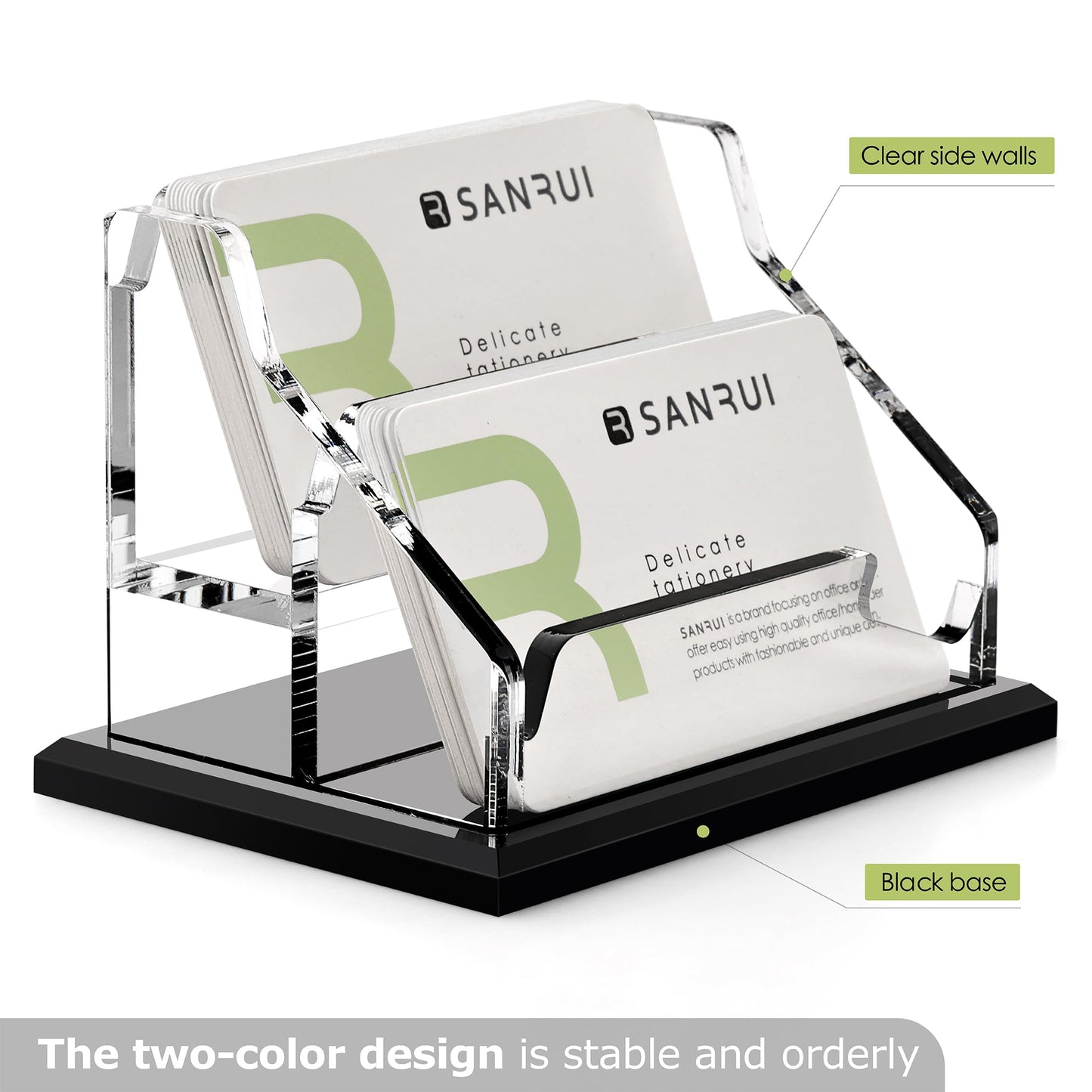SANRUI Black Business Card Holder for Desk 2 Slot , Clear Acrylic Horizontal Name Card Stand for Women and Men, Desktop Organizer Display for Office Home Exhibition - 120 Card Capacity 1 Pack