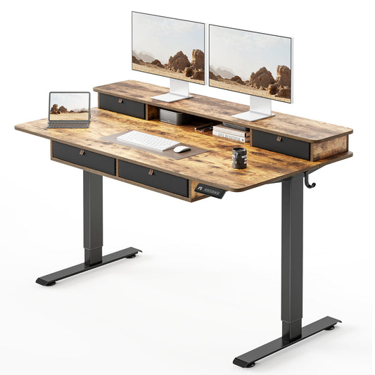 FEZIBO 48 x 24 inch Standing Desk with Drawers, Height Adjustable Electric Workstation, Computer Sit Stand Up Table with Large Storage Shelf 4 Drawers and 2 Hooks, Rustic Brown