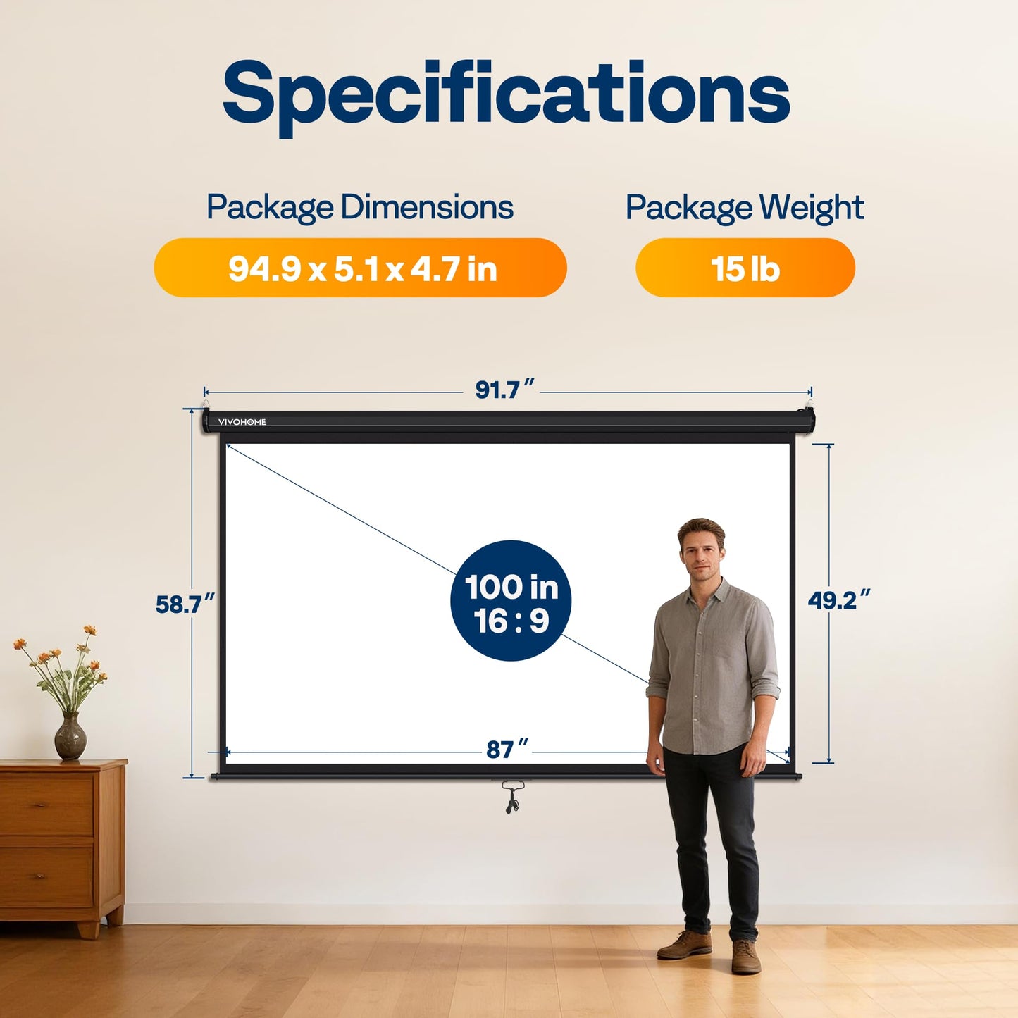 VIVOHOME 100 Inch 16:9 Pull Down Projector Screen, HD 4K Retractable Movie Screen for Indoor Home Theater and Office, Manual Projection Screen with Auto Locking (87W x 49H Inch Display Area)