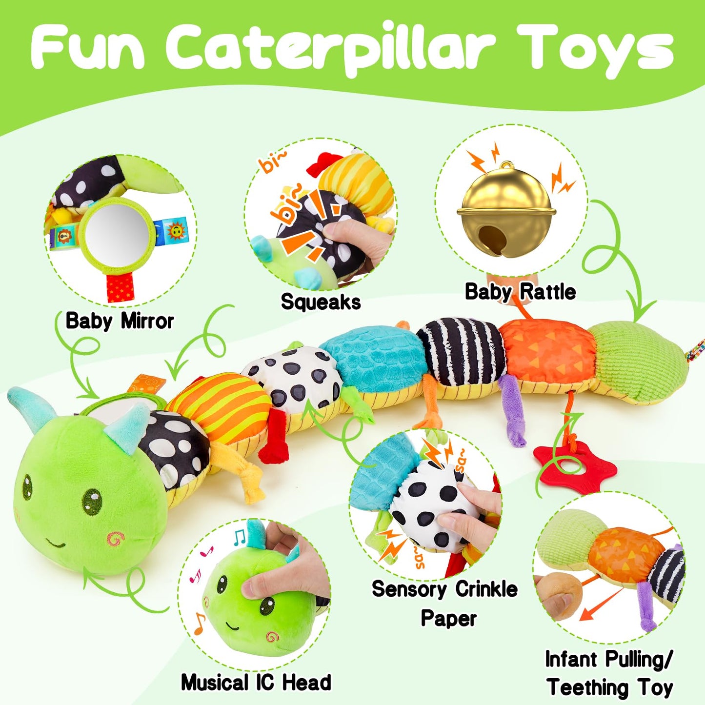 Topsochir Basket for Newborn & Baby Sensory Toy 0-6 Month Music Caterpillar Toy