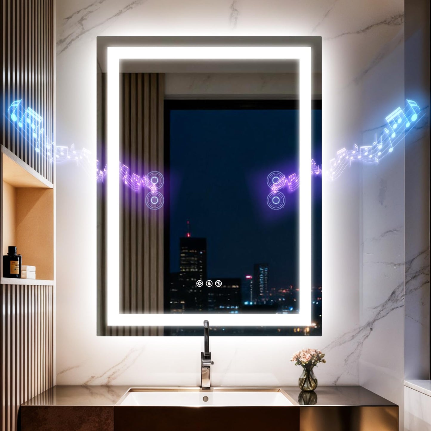 Olyvren 24"x32" LED Bathroom Mirror with Lights,Bluetooth Dual Speaker,Anti-Fog,3 Color Temperature,Dimmable Brightness,Memory Function,Waterproof,Wall Mount Design,Tempered Glass