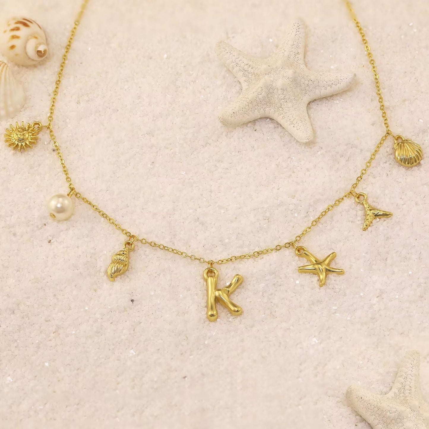 JALZEMPL Initial Charm Necklace For Women Shell Seashell Summer Beach Letter 14K Gold Plated Pendant Starfish Surfer Boho Jewelry Gifts (S)