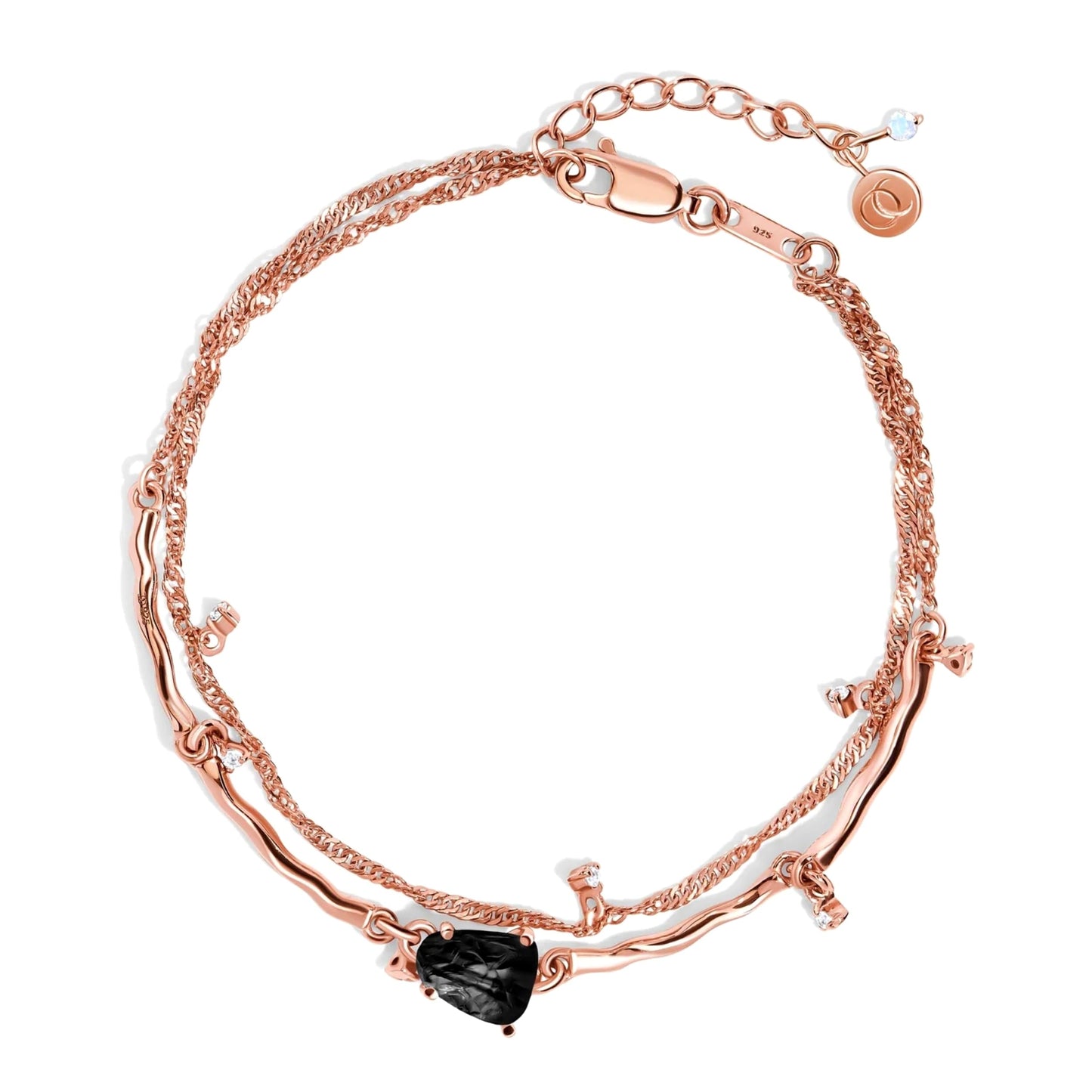 Moon Magic Moonstone Bracelet for Women | Black Obsidian, Rose Quartz Bracelet/Real 925 Sterling Silver | 18k Rose & Yellow Gold Rainbow Genuine Moonstone Jewelry for women | June Birthstone Bracelet