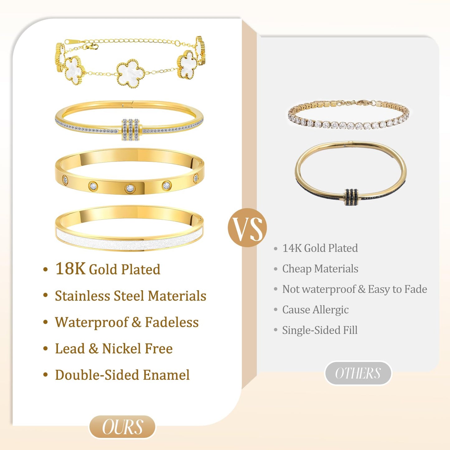 MOINSPIRE 18K Gold Plated Bracelets for Women, Stainless Steel Four Leaf Clover Tennis Nail Love Bangle Bracelets Set, Trendy Stackable Twist Cuff Bracelet Non Tarnish Jewelry Gifts for Christmas