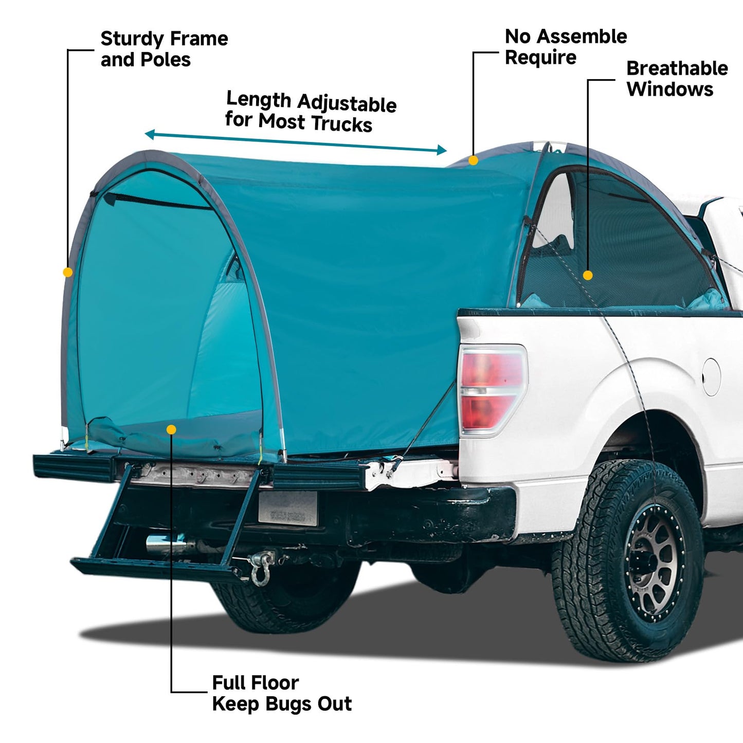 EighteenTek Adjustable Pickup Truck Tent Pop Up, Waterproof PU2000mm Spacious and Full Size Double Layer Length Adjust for 6-8.8 FT Truck Bed Tent for 4 Person Portable Pick Up Tent for Camping