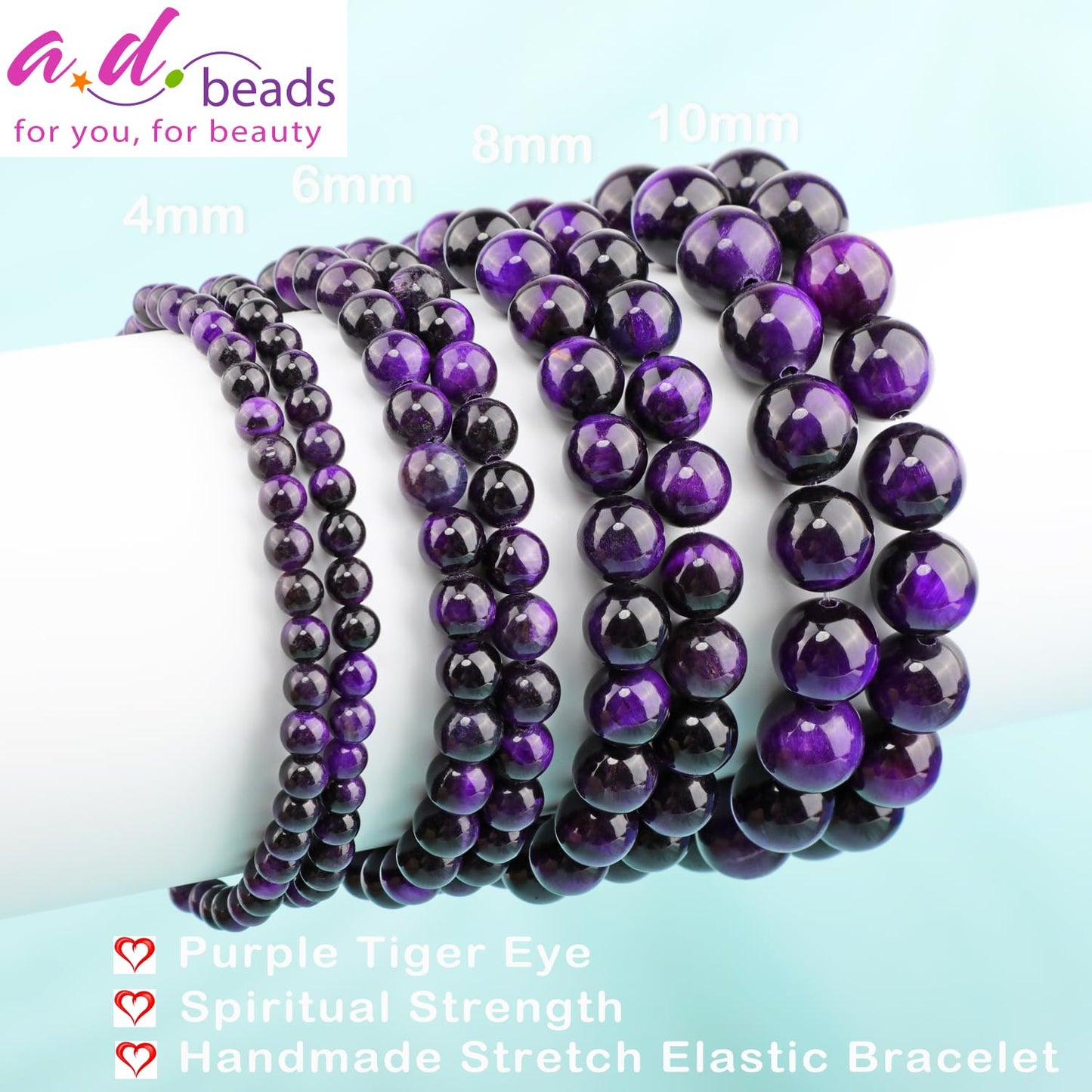 AD Beads 8mm Handmade Purple Tiger Eye Elastic Bracelet – Natural Gemstone for Peace and Tranquility – Meditation, Yoga, Healing and Energy Gift for Men Women