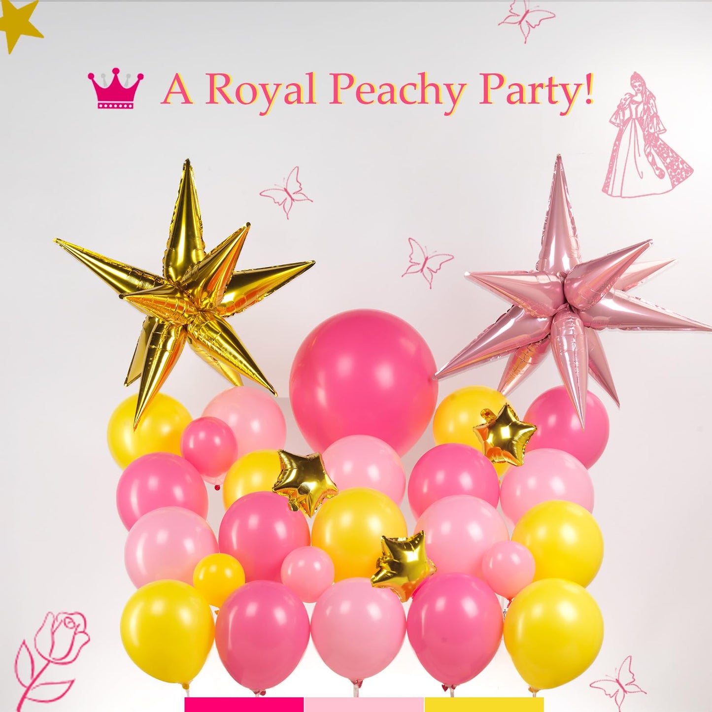 Hot Pink Yellow Balloon Arch Kit 160pcs with Large Pink Gold Star Five-Point Star Foil Balloons for super bro Princess Birthday baby shower peach Bridal shower Party Decorations