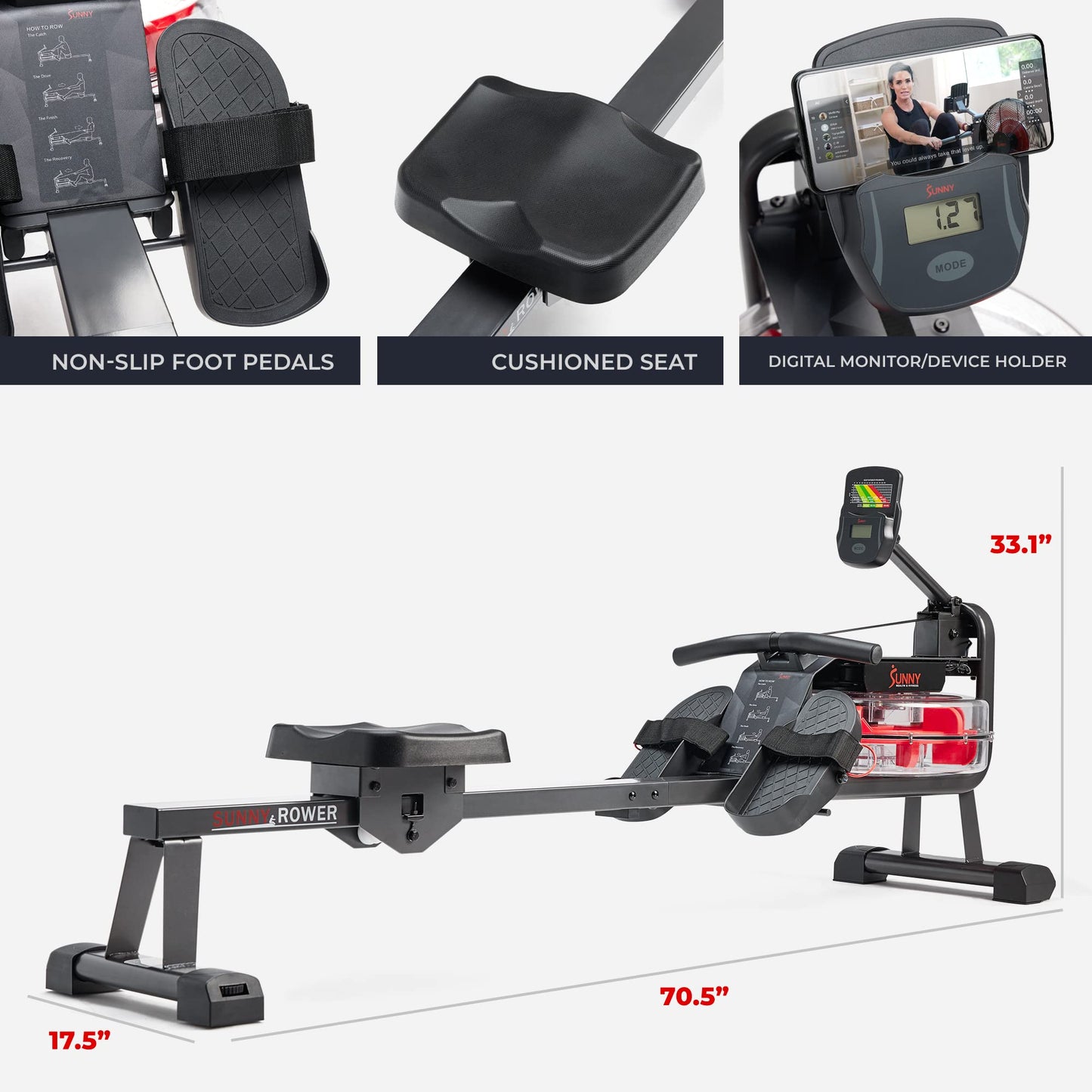 Sunny Health & Fitness Obsidian Surge Smart Water Rowing Machine with Dynamic Real-Time Resistance, Foldable Rower with Bluetooth Connectivity and Extra Long Slide- SF-RW522073