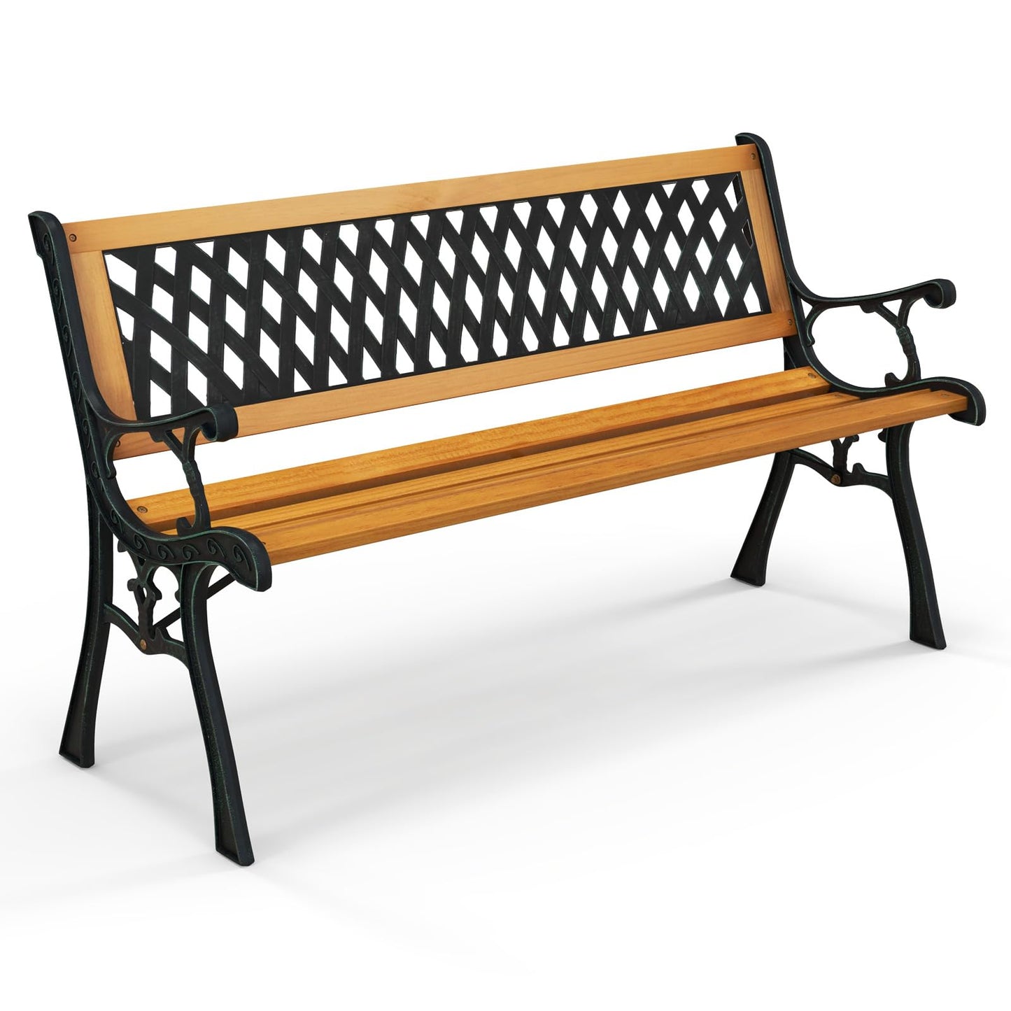Tangkula Outdoor Garden Bench Park Bench, Patio Bench Chair with Cast Iron & Hardwood Structure, Weather Proof Porch Outdoor Furniture Loveseat, Perfect for Backyard, Deck, Lawn, Poolside