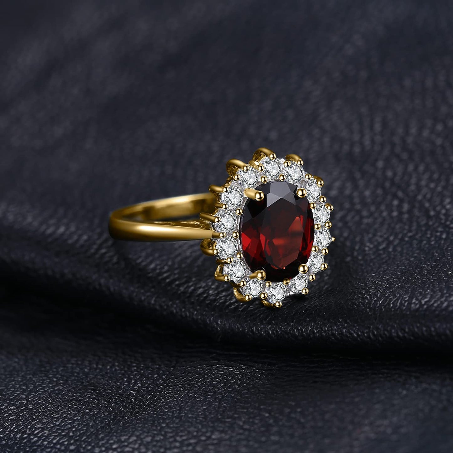 JewelryPalace Princess Diana Kate Middleton Gemstone Birthstone Genuine Red Garnet Halo Statement Engagement Rings for Women, 14K Yellow Gold Plated 925 Sterling Silver Promise Rings for Her Size 10.5