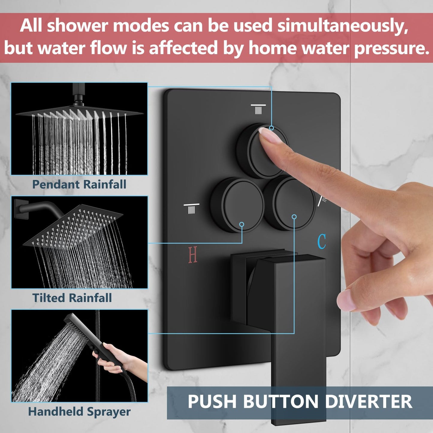 Aolemi Shower Faucet Set Ceiling Mount Shower System Rough-in Valve and Shower Trim Kit 2 in 1 Handheld Spray Push Button Diverter 10 and 6 Inch Dual Shower Head Matte Black