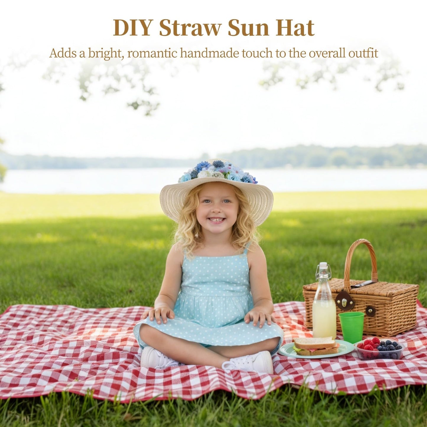 OMISTAR 70 Pcs DIY Straw Hat Kit, Tea Party Hats, Paintable Blank Sun Hats with 60 Assorted Faux Flowers, Party Craft Kit for Camping, Picnic, Beach Trip, Dress Up Party