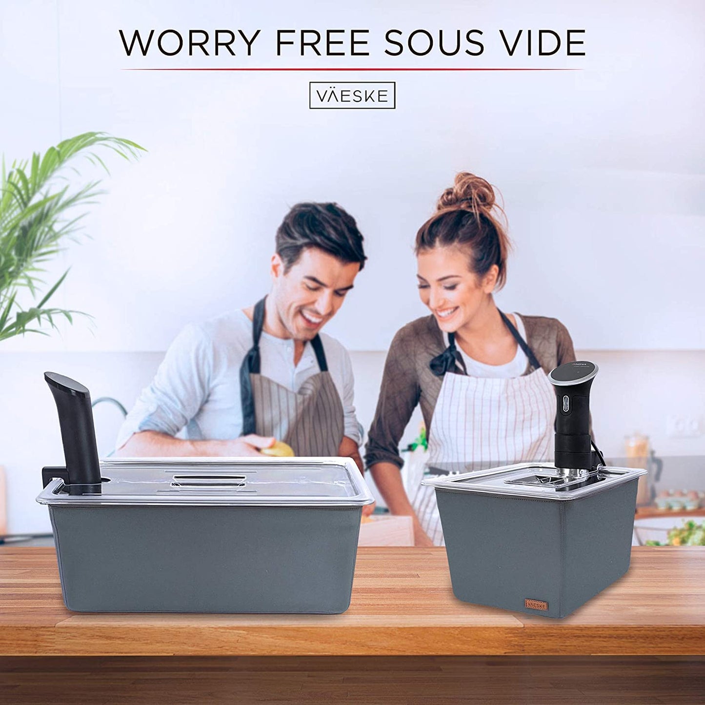 VÄESKE Professional Large Sous Vide Container with Lid, 2 Sous Vide Racks & Insulating Sleeve | Neoprene Retains Heat | Compatible with Anova, Nano, Inkbird, Most Sous Vide Cookers (26 QT)