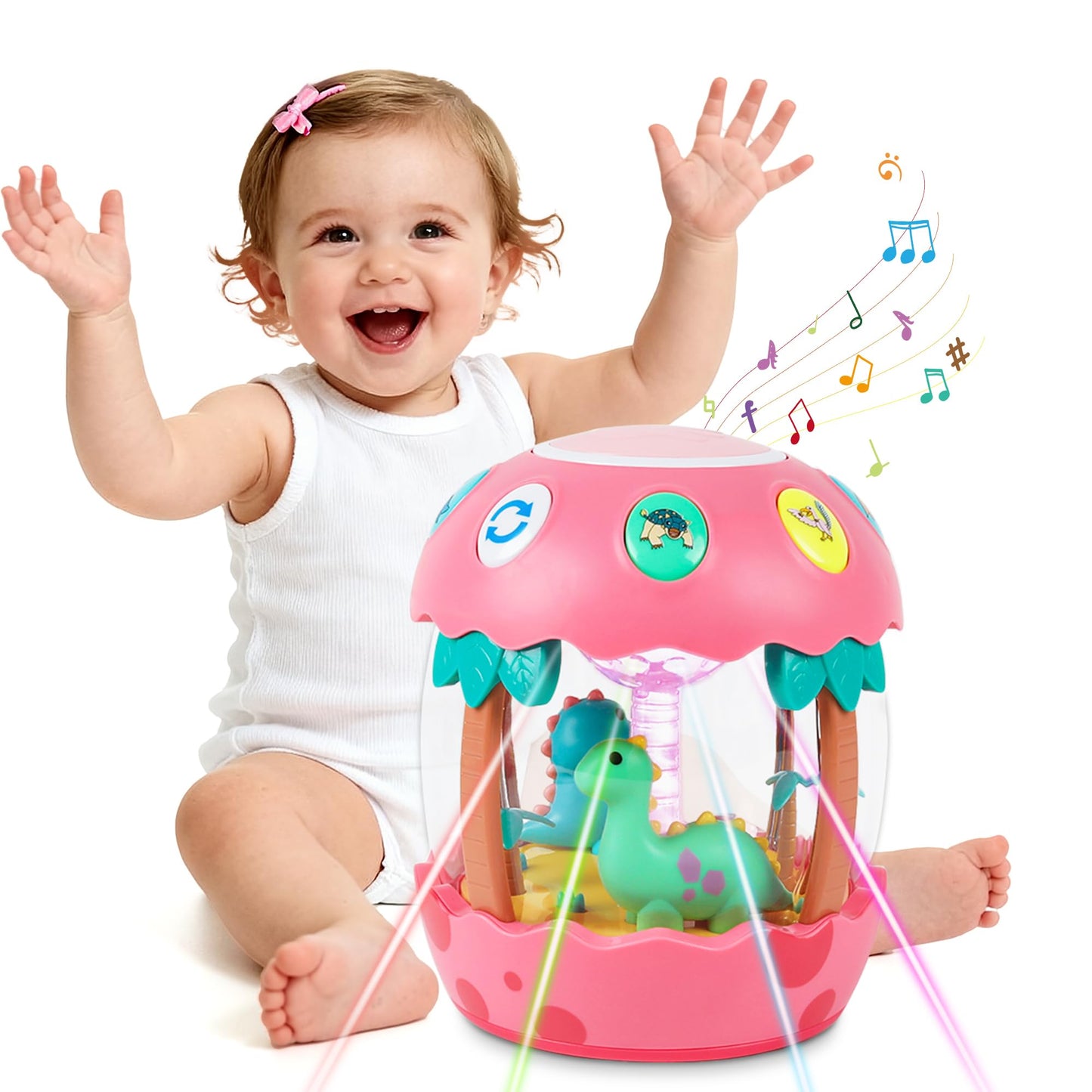 M SANMERSEN Baby Girl Toys 6-12 Months, Dinosaur Rotating Light Up Musical Baby Toys for 0-6 12-18 Months Newborn Infant Crawling Tummy Time Toys, Birthday Easter Gifts for Baby Girls- Pink