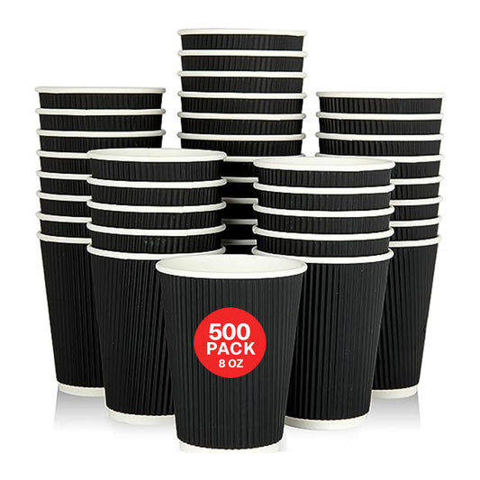 Ripple Wall Design Disposable 8 Oz Coffee Cup 500 Pack Black, Hot Beverage Cups, Eco-Friendly Recyclable Paper, Insulated Coffee Cups, Coffee Bar Accessories Paper Coffee Cups To Go, Hot Cups